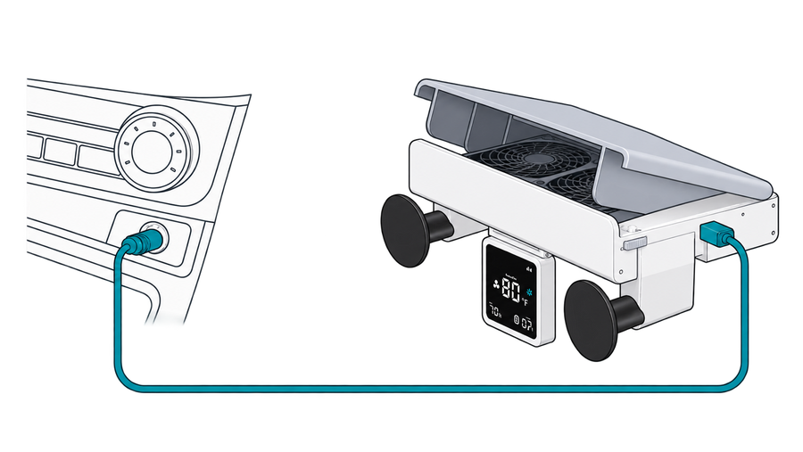 Manufacturer diagram showing Vento connected to a vehicle power outlet