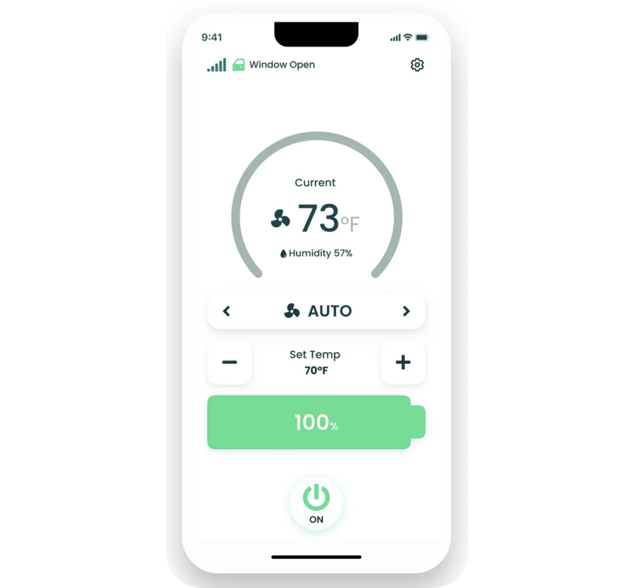 Vento mobile app showing cabin temperature and fan controls