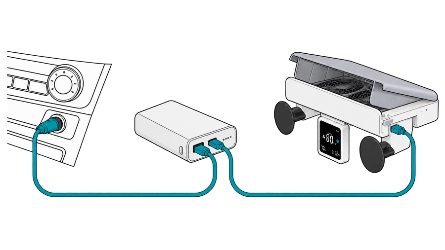 Manufacturer diagram showing a portable battery between the vehicle outlet and Vento